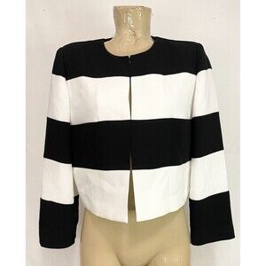 Chico's Black Label Jacket Size 1 38” Black White Striped Lined Long Sleeve